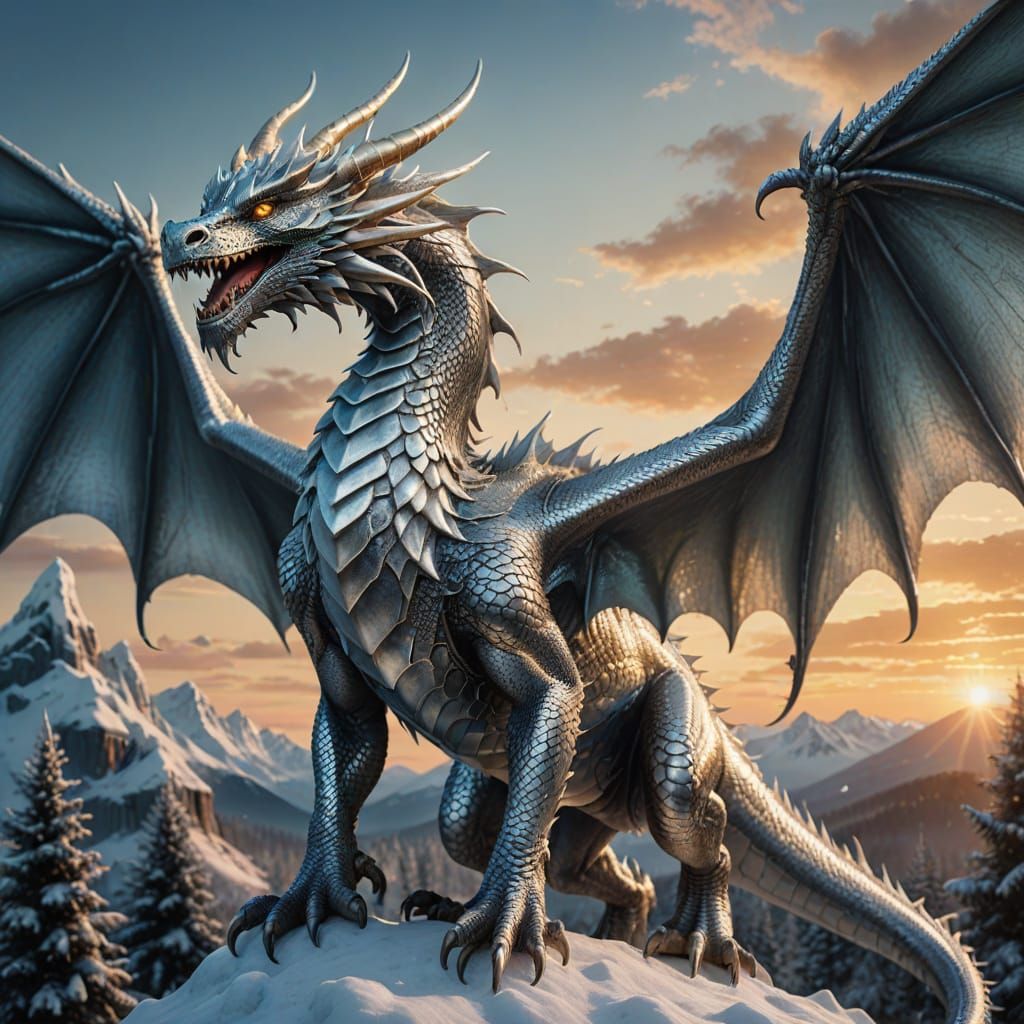 Silver Dragon with Icicle Horns in Golden Hour