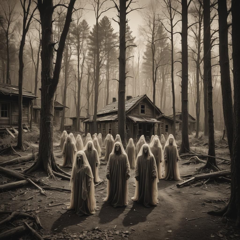 Ethereal Ghost Town in Forest: Vintage Sepia Photograph