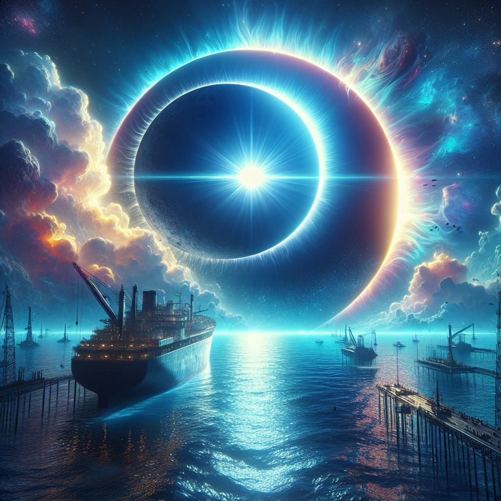 Spectacular Solar Eclipse Over Ocean in Fantasy Style