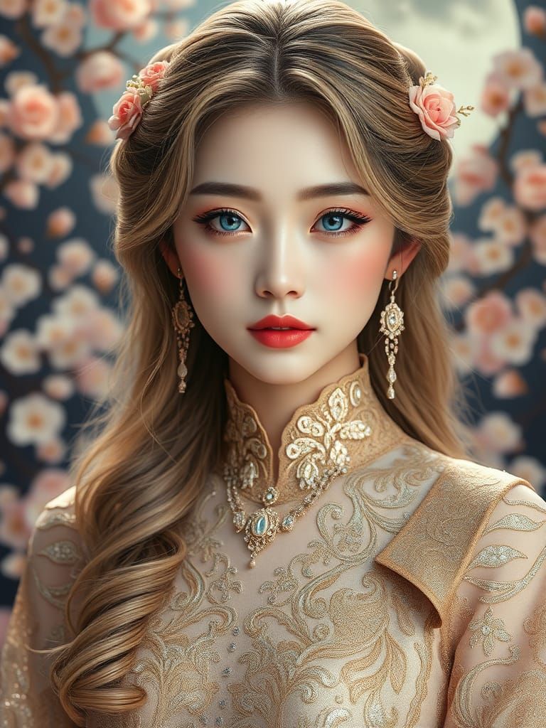 Stunning Japanese Woman in Gold Lace Dress, Photorealistic P...