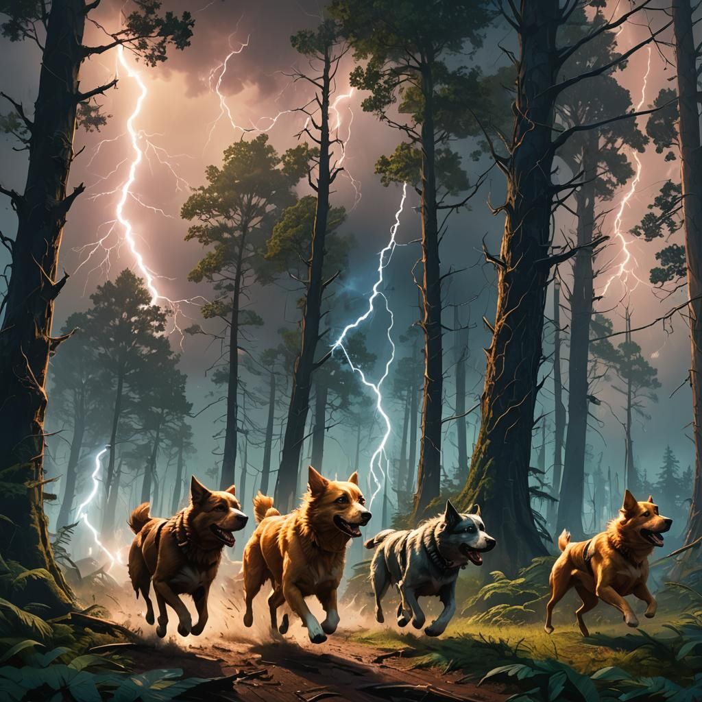 Dogs Run from Lightning Storm in Mystical Forest