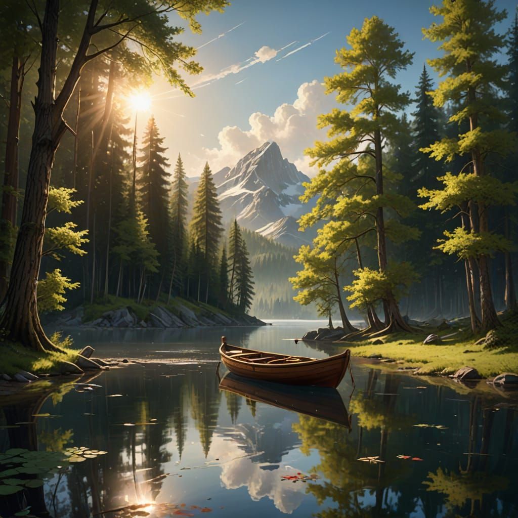 Tranquil Lake Scene in Hyperrealistic Style