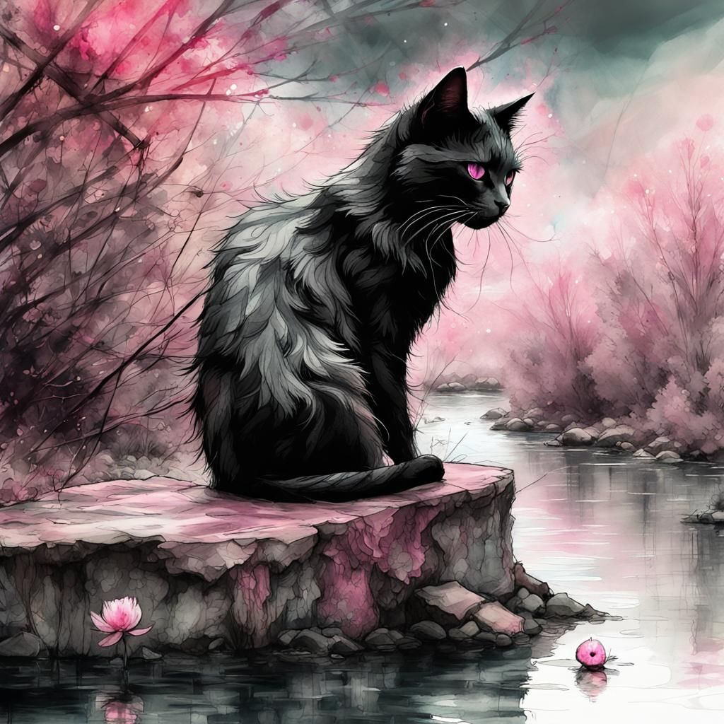 Fantasy Watercolor Cat with Pink Eyes