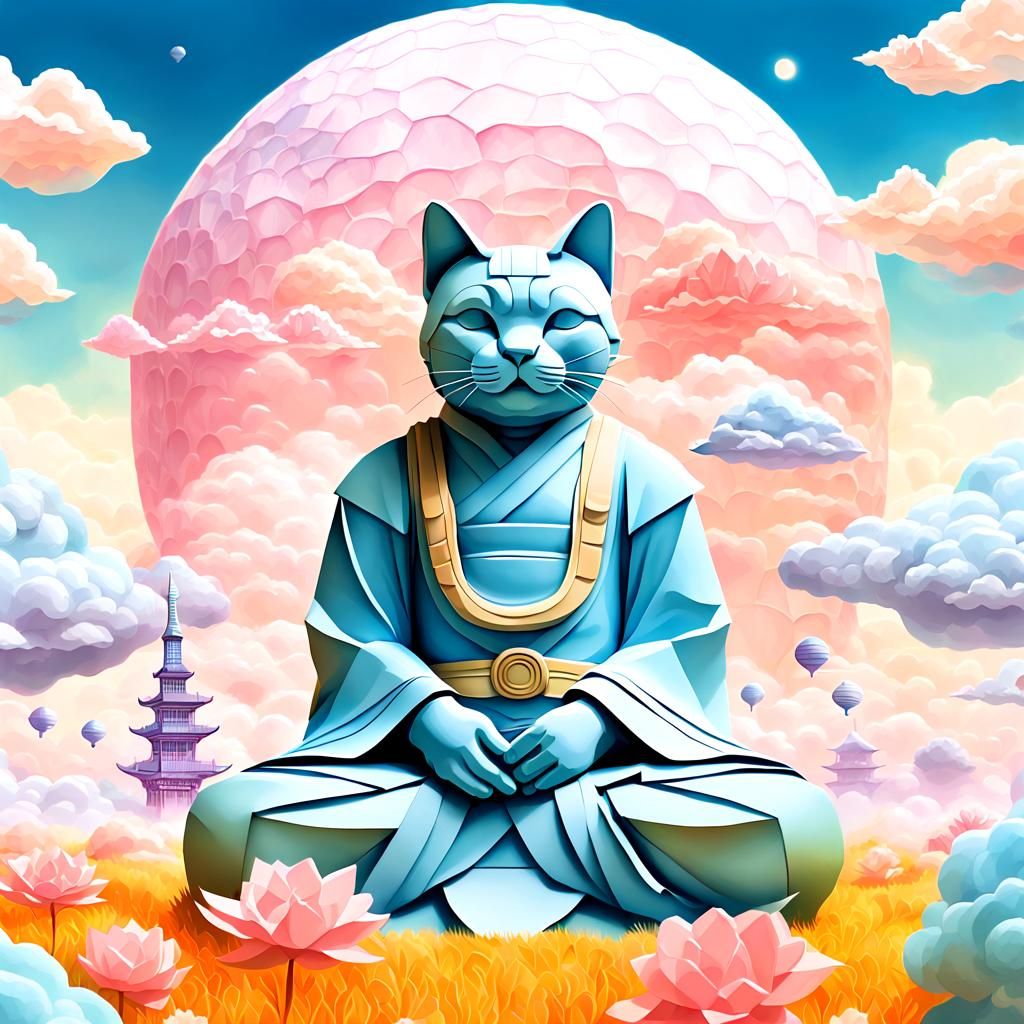 Buddha Cat Astronaut in Origami Style