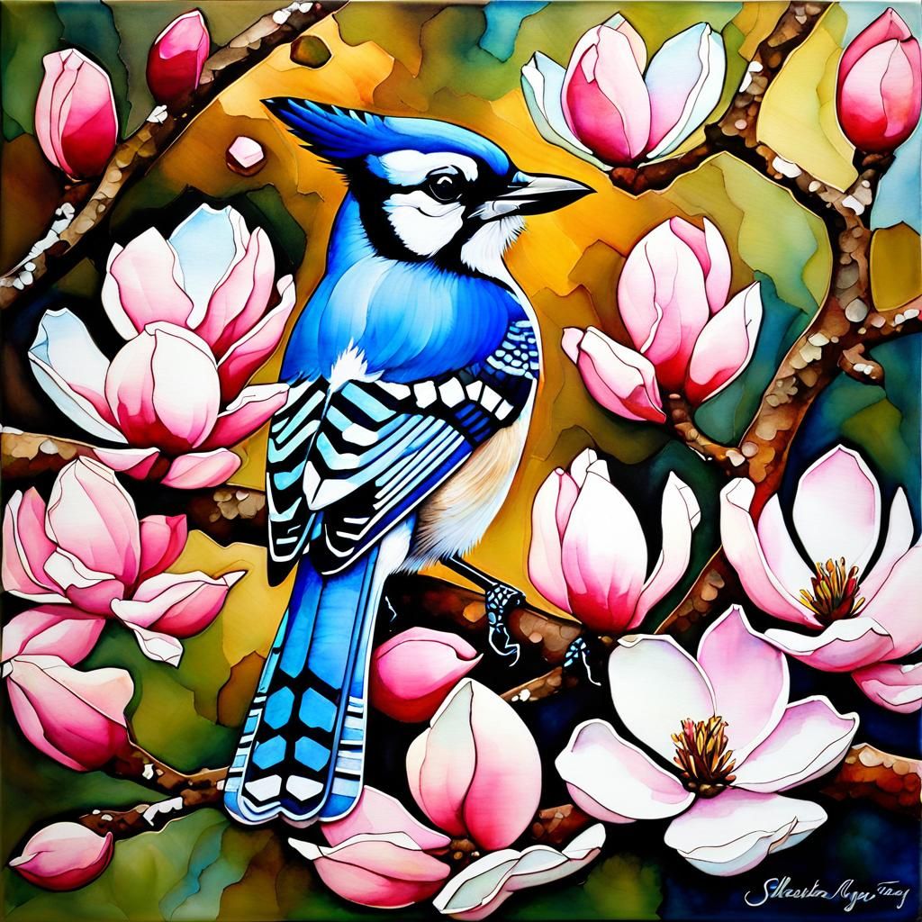Blue Jay in Magnolia Tree, Alcohol Ink Art