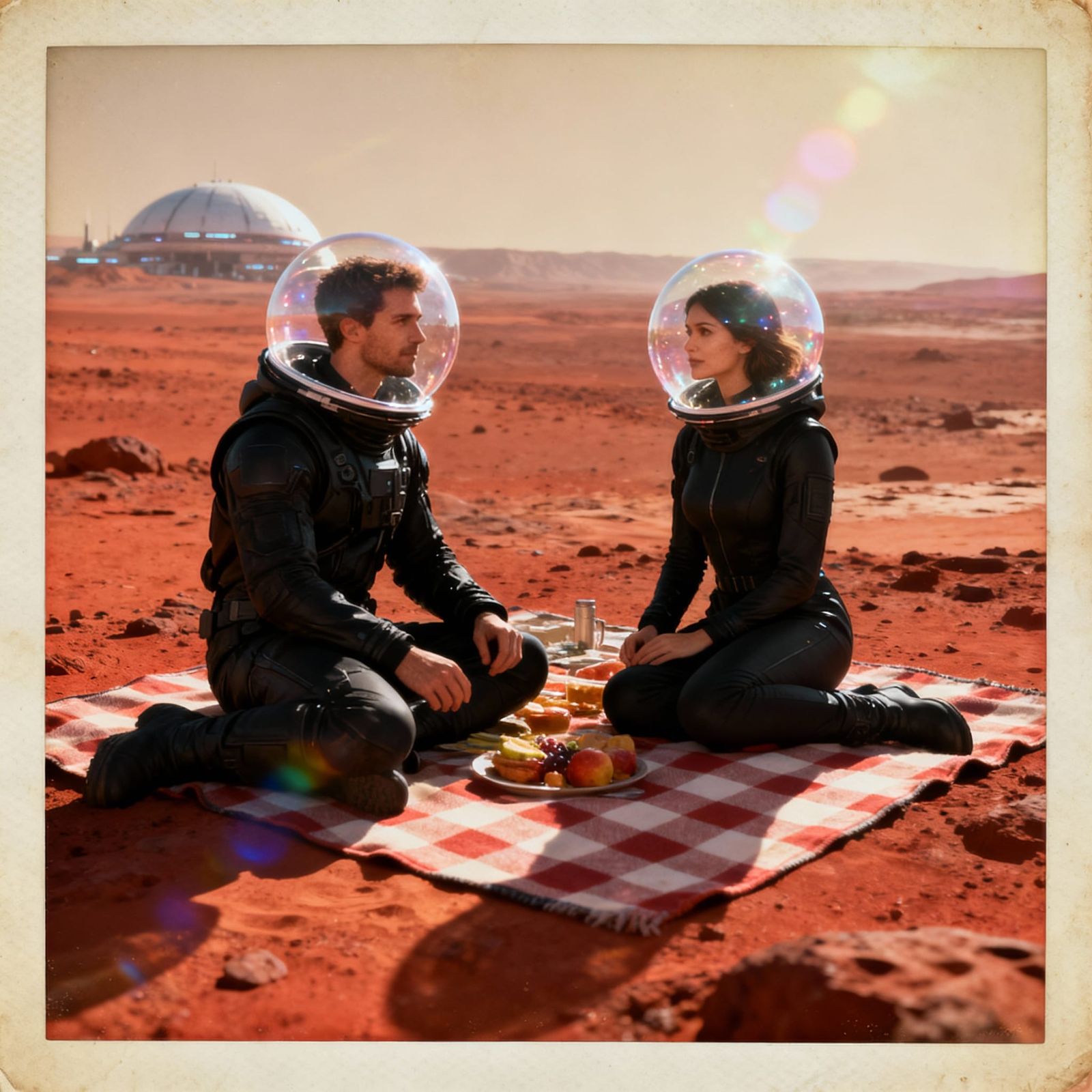 Couple's Mars Picnic in Retro Polaroid Style