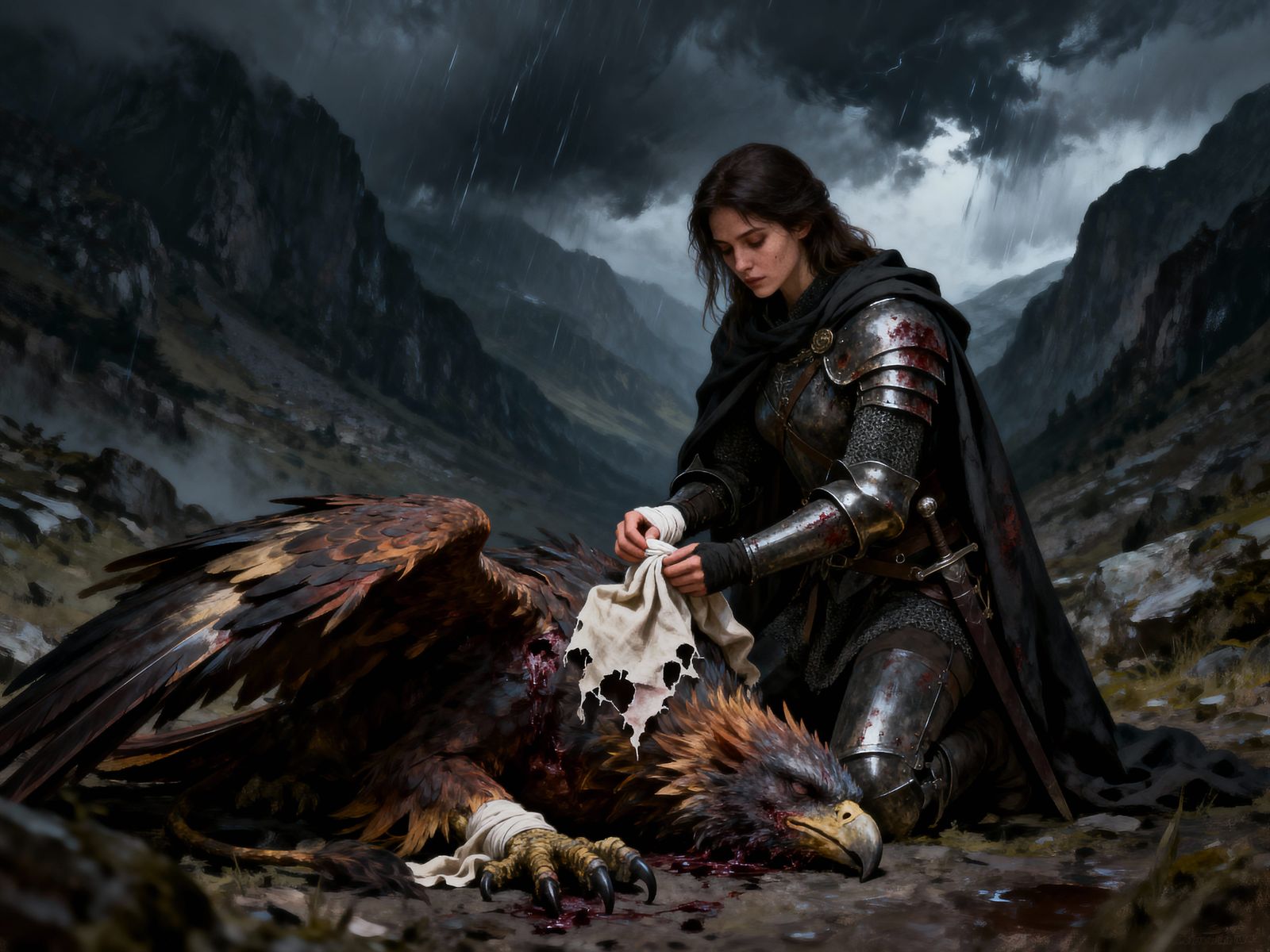 Knight Tends Injured Griffin in Dark Fantasy Painting
