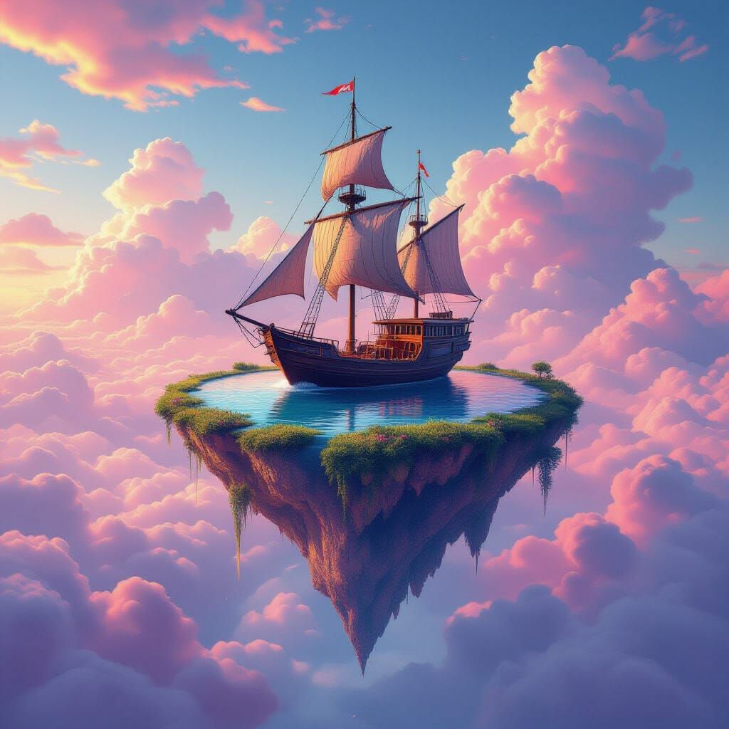 Floating Island with Sailboat in Graffiti Art Style