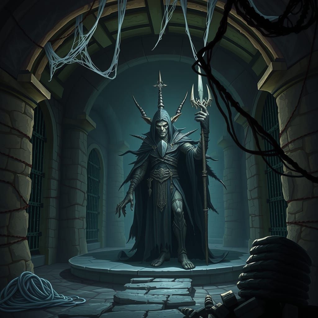 An elf lich guarding prison cells inside a dark and creepy d...