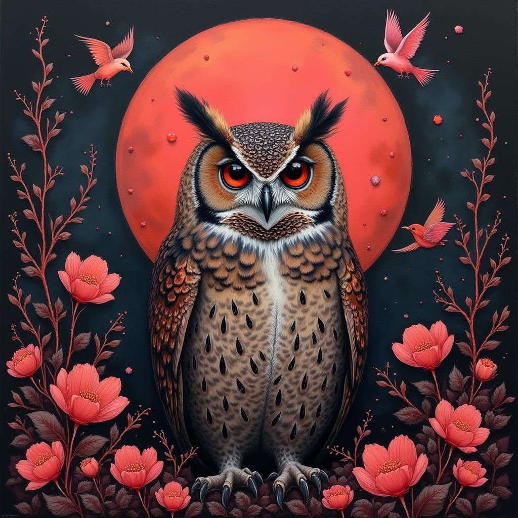 Whimsical Owl in a Crimson Moonlit Garden