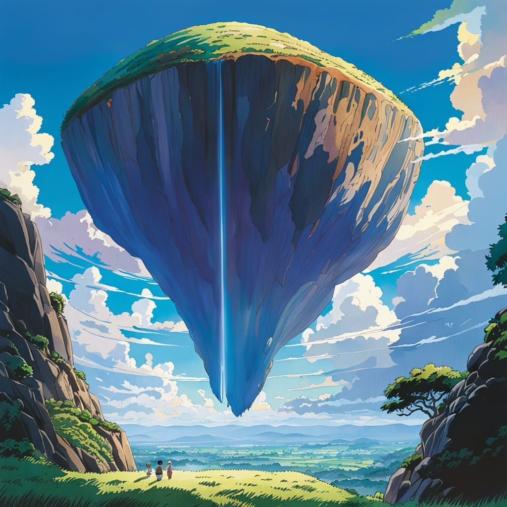 Floating Rock in Sky: Ghibli-Inspired Anime Artwork
