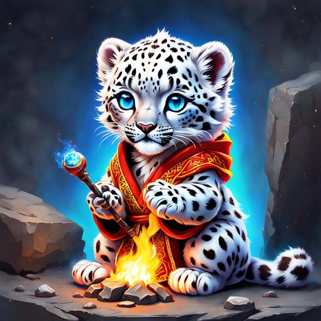 Chibi Snow Leopard Cub Conjuring Fire Spells