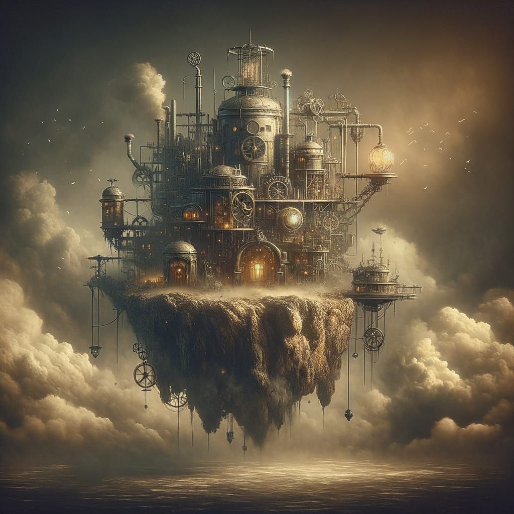 Abandoned Steampunk Lab on Floating Island in Noir Style
