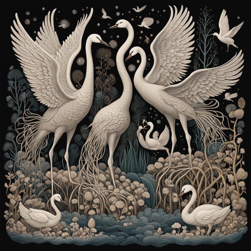 Women in Whimsical Gowns with Art Nouveau Patterns Soar on M...