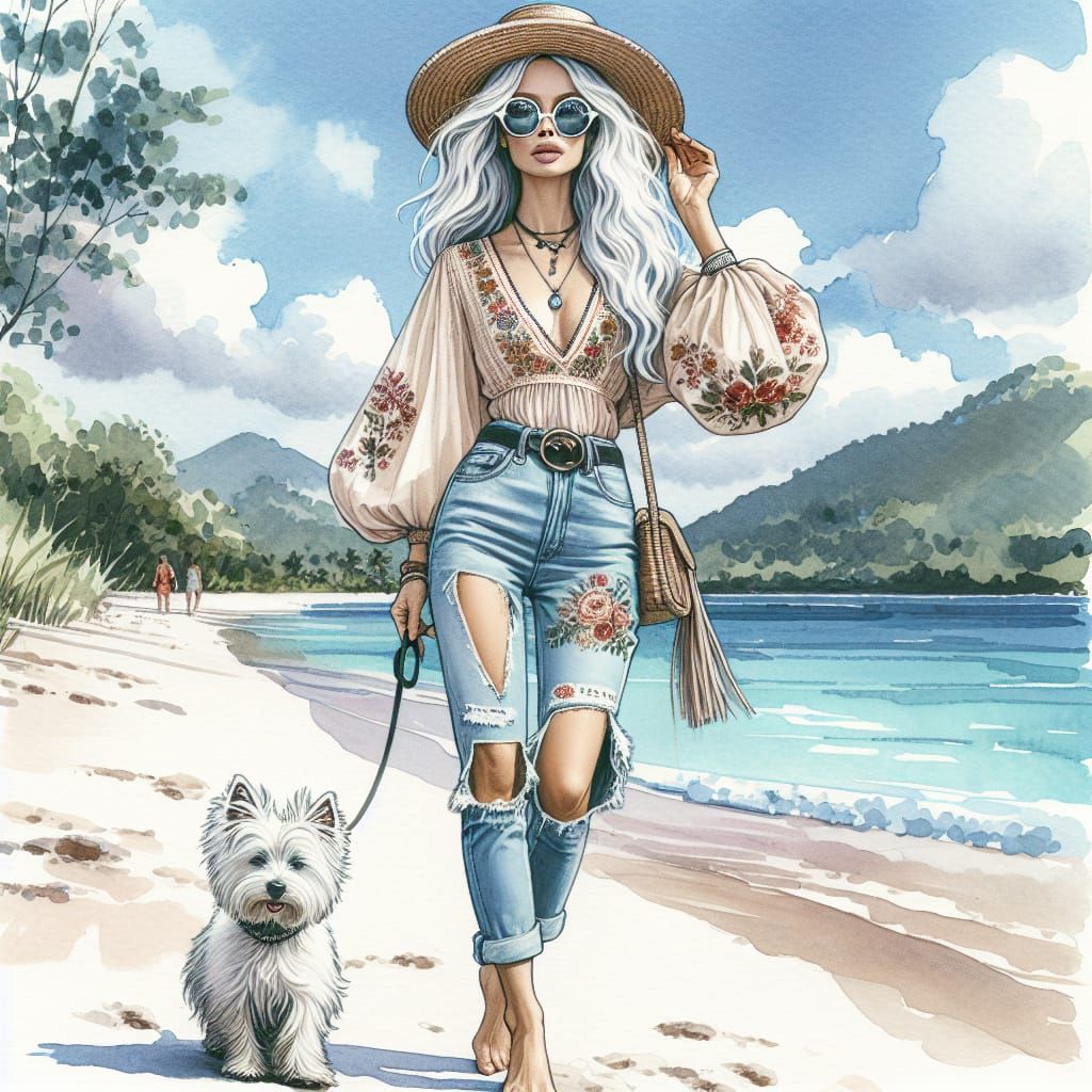 Tropical Seashore Stroll: Woman and Westie in Watercolor Sty...