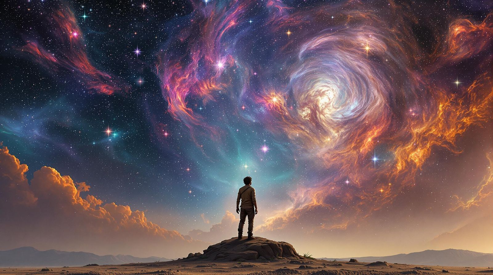 Cosmic Wanderer in Dreamy Nebula Landscape