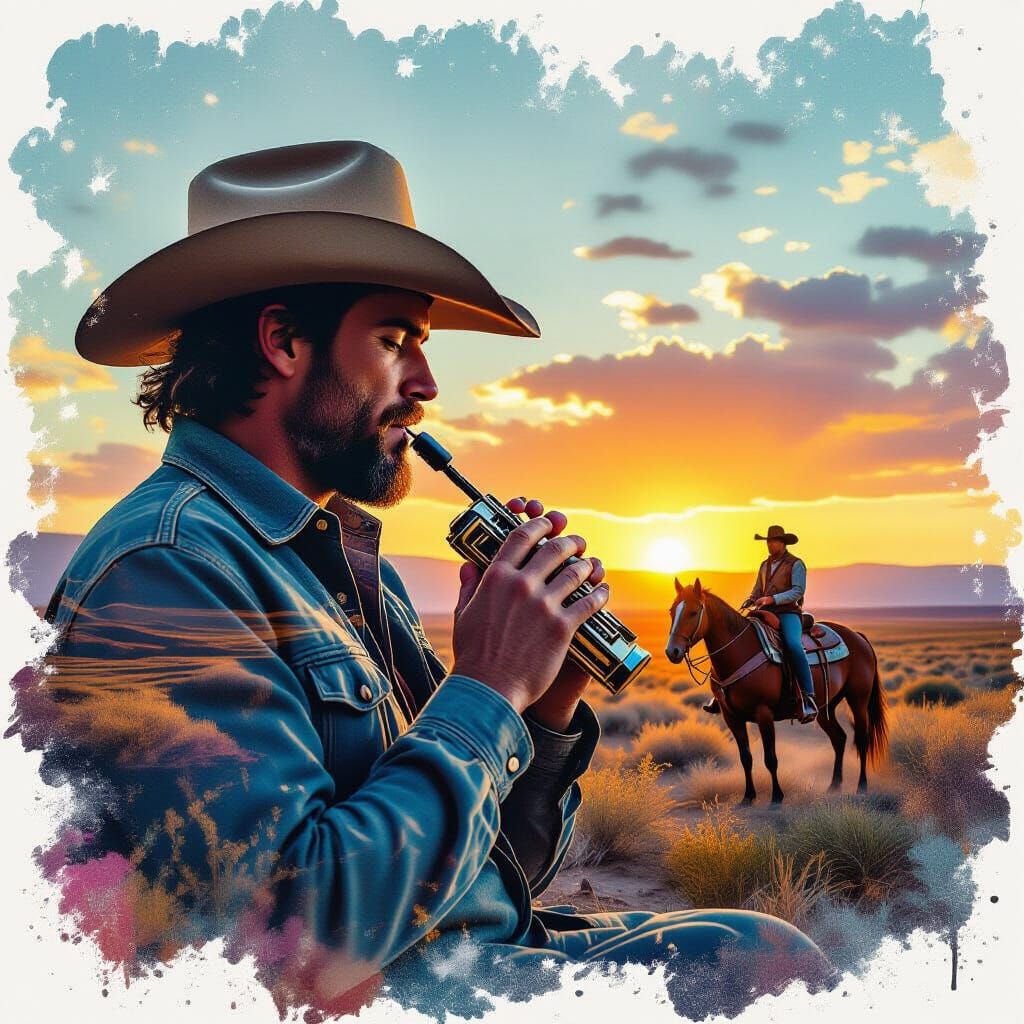Harmonica Player with Cowboy Landscape, Double Exposure Art