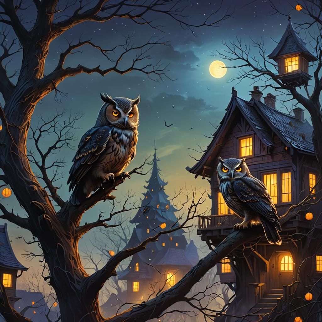 Owl Hooting in Dark Fantasy Landscape, Digital Art