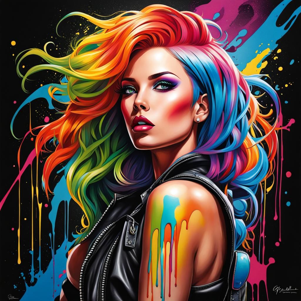 Rainbow Haired Woman in Graffiti Cyberpunk Street Art