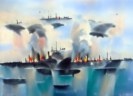 Burning WWII Battleships Fight Torpedo Bombers