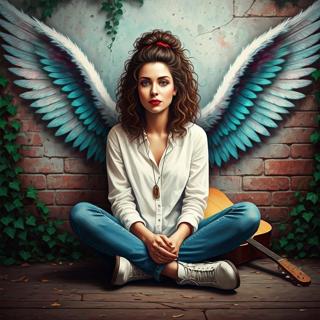 Bohemian Girl with Guitar as Impasto Oil Art