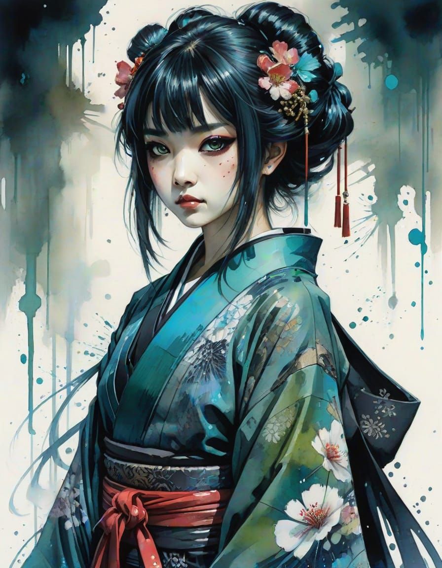 Gothic Geisha in Dark Fantasy Watercolor Style