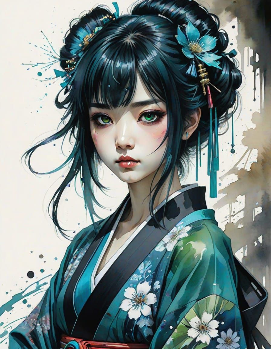 Anime Gothic Geisha in Dark Fantasy Kimono