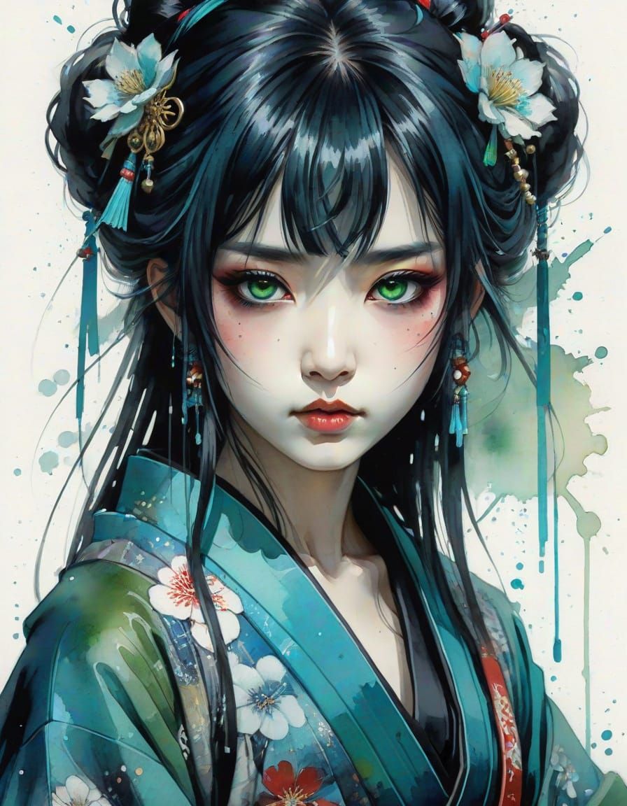 Ethereal Goth Geisha in Dark Fantasy Kimono