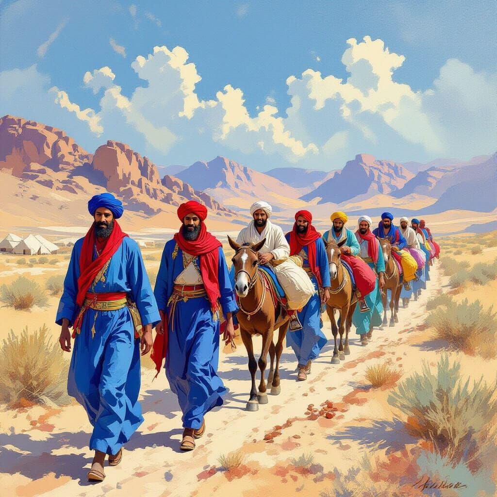 Yemenite Jewish Traders in Desert, Abstract Art Style