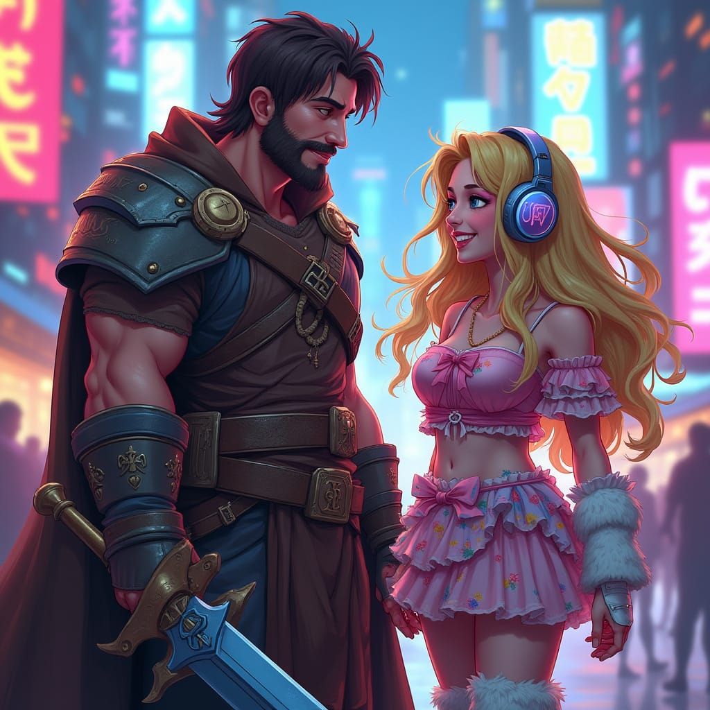 Cyberpunk Warrior Rogue and Gamer Woman in Neon-Lit City