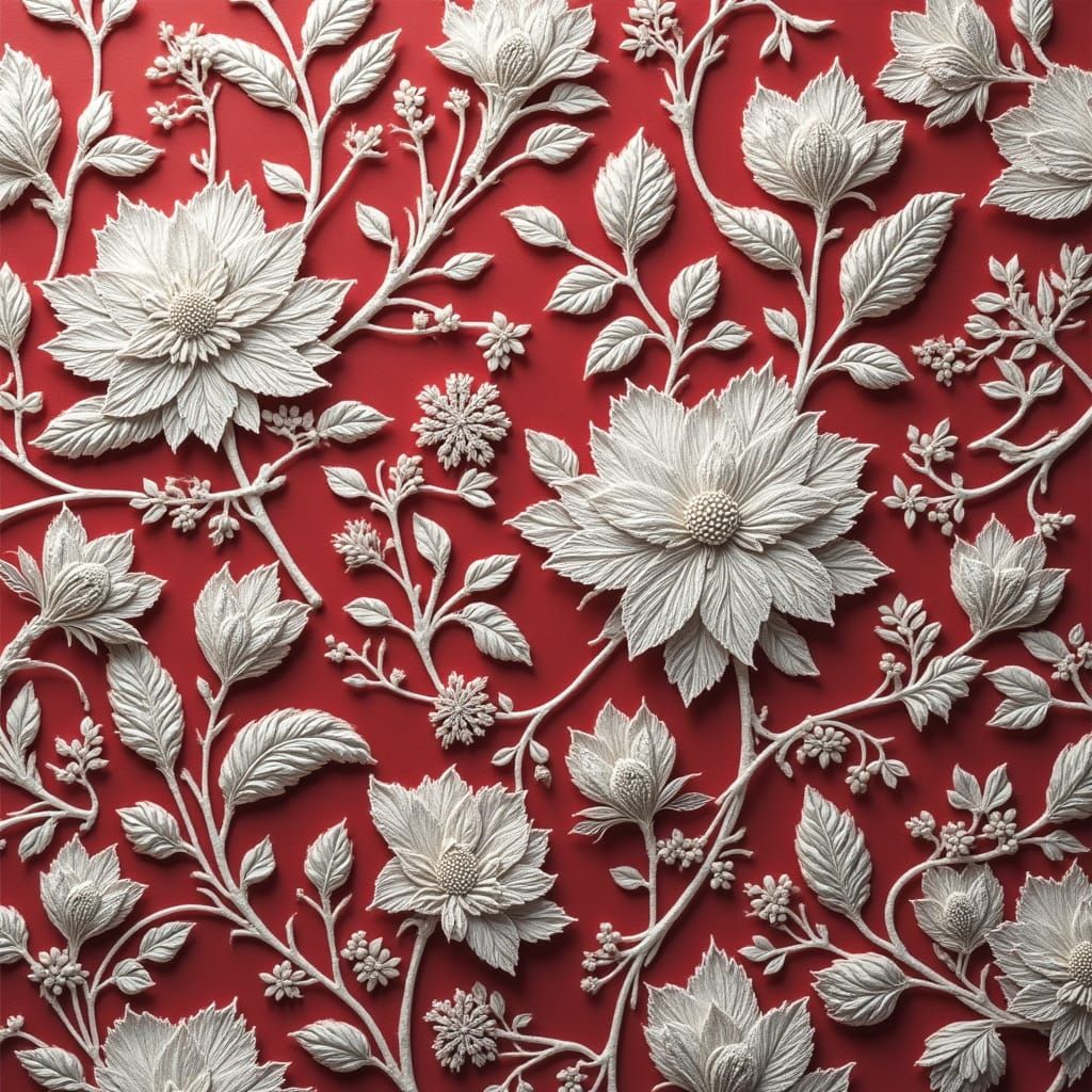Intricate White Lace Fabric on Red Background