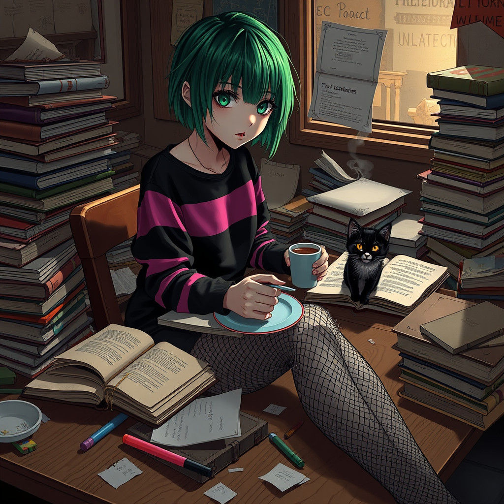 Emo Girl with Kitten in Dreamlike Matte Painting