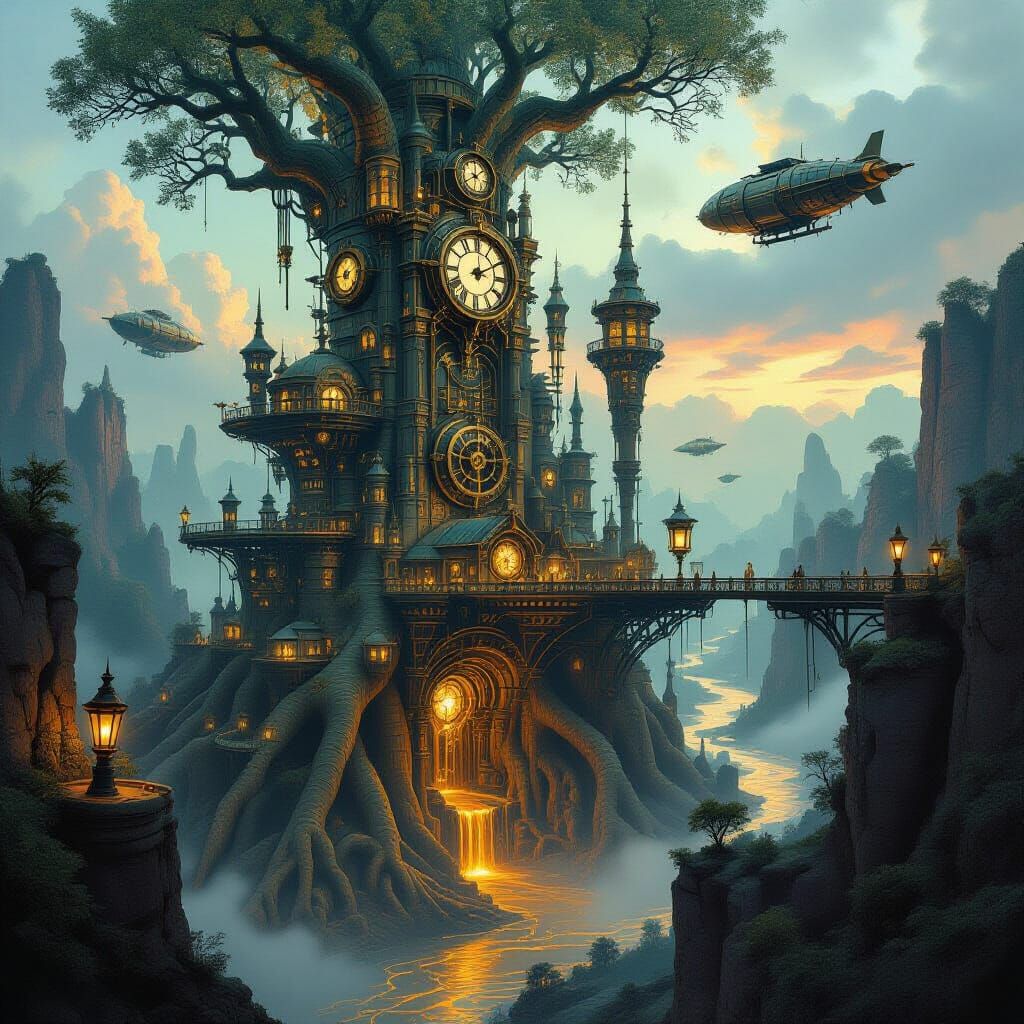 Steampunk City on Giant Trees with Airships