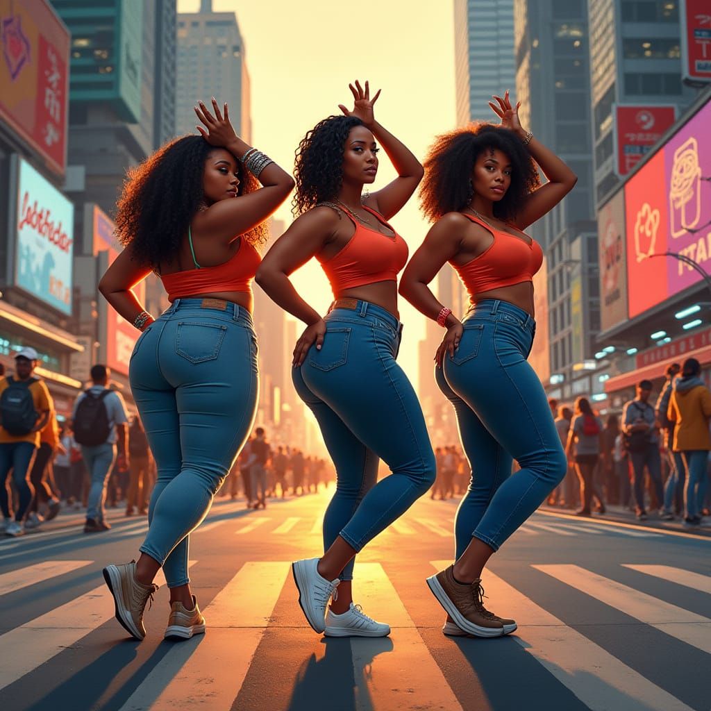 Curvy Women Twerking in City Street at Sunset