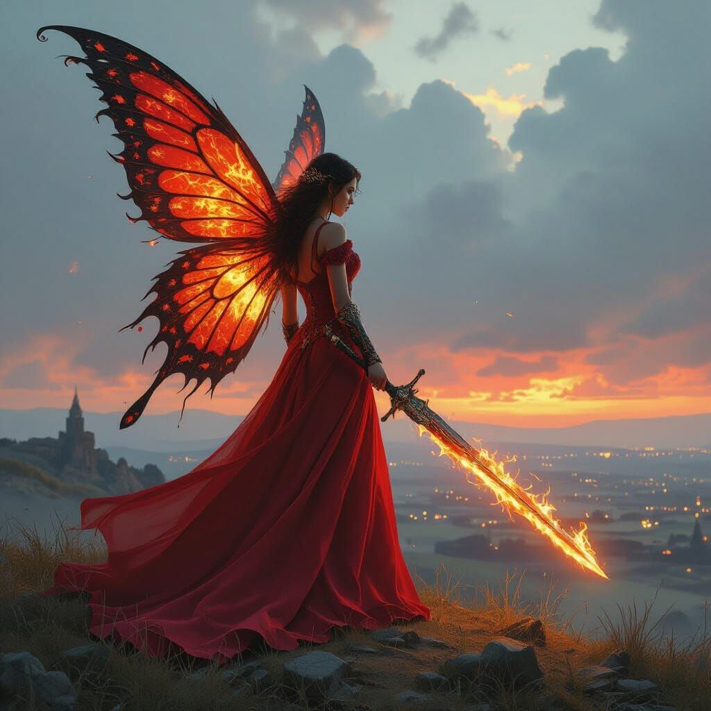 Woman with Fire Wings Over Battlefield, in Dark Fantasy Styl...