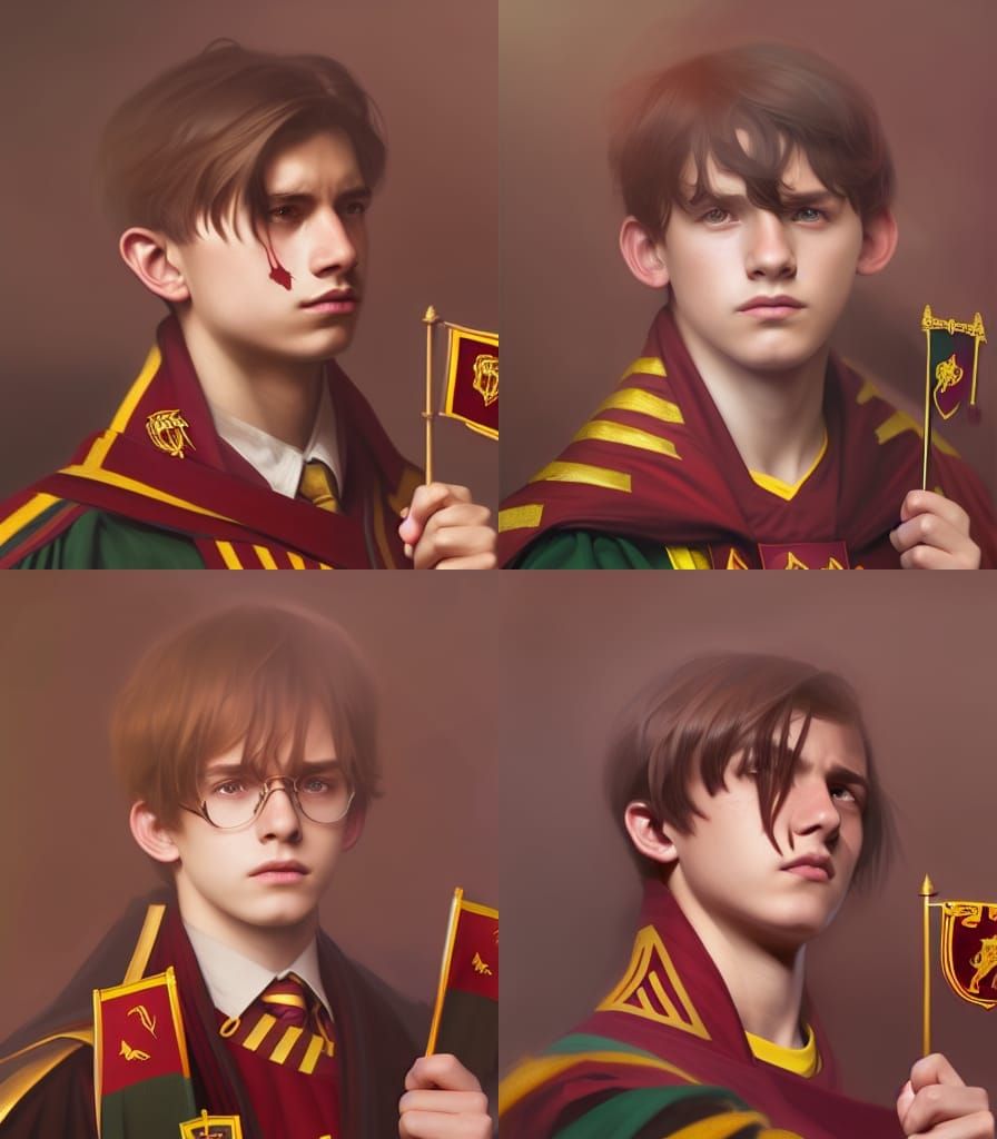 Boy with Gryffindor Flags: Hyperdetailed Portrait