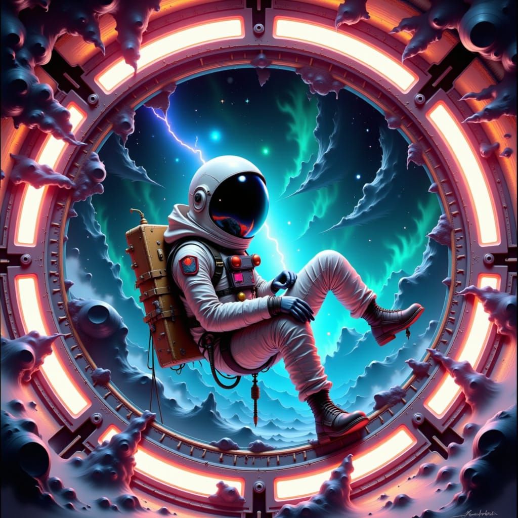 Astronaut in Eerie Spaceship Amidst Dark Nebulae