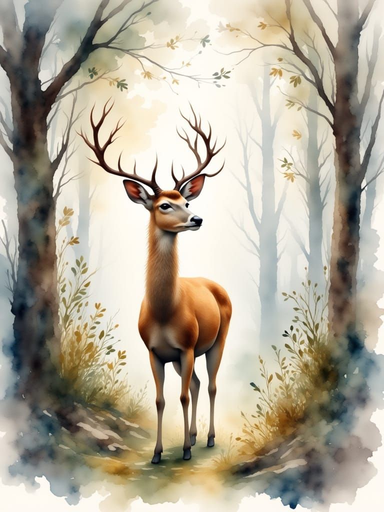 Serene Deer in Misty Forest Watercolor