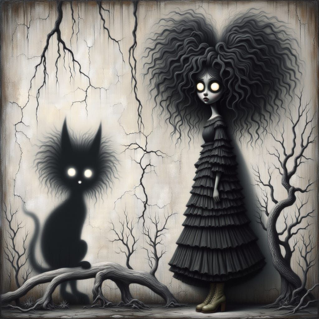 Big Cat and Shadow Wall Painting in Black and White