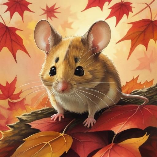 Whimsical Watercolor Mouse in Autumn Leaves