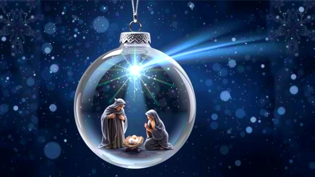 nativity scene inside of clear Christmas ornament | shining star | impasto