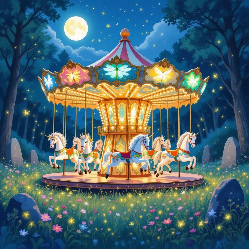 Enchanted Carousel with Bioluminescent Insects in Moonlit Me...