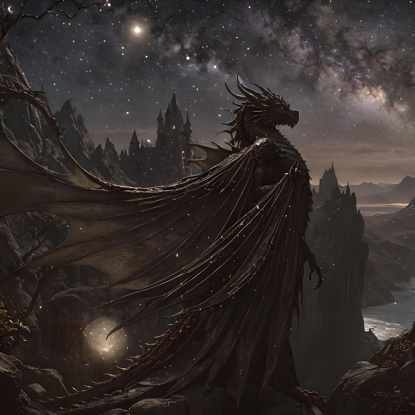 Beautiful fantasy dragon, stars in background, stars twinkle...