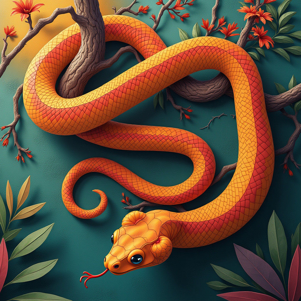 Cubist Snake Hanging From Branch, Art Deco Style