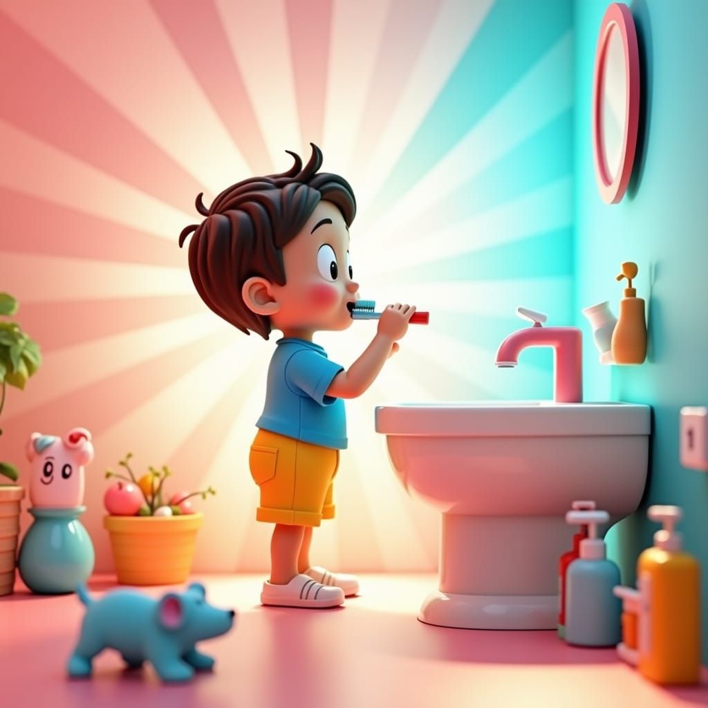 Child Brushing Teeth in 3D Animated Style