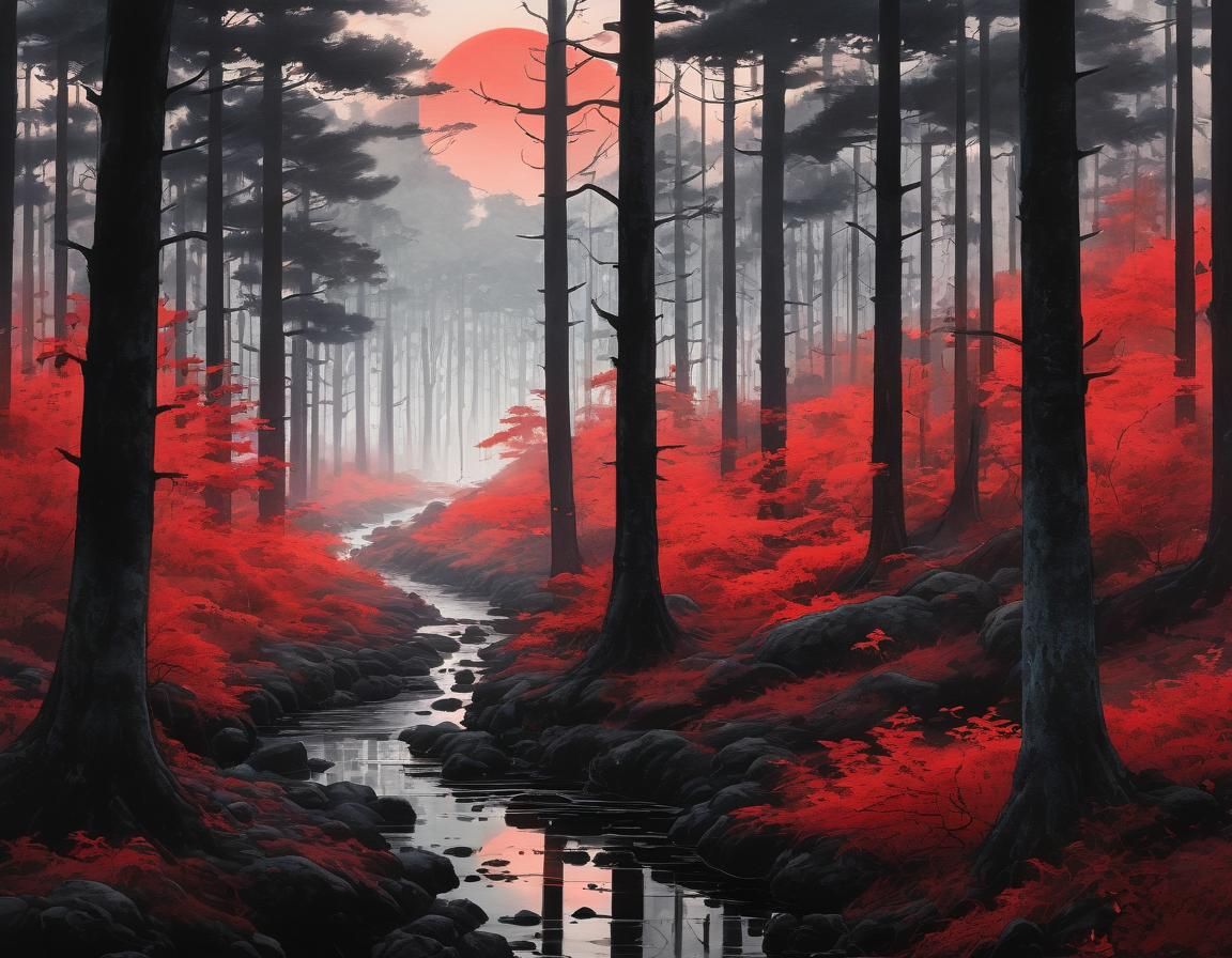 Mystical Red Forest in Antique Watercolor Style