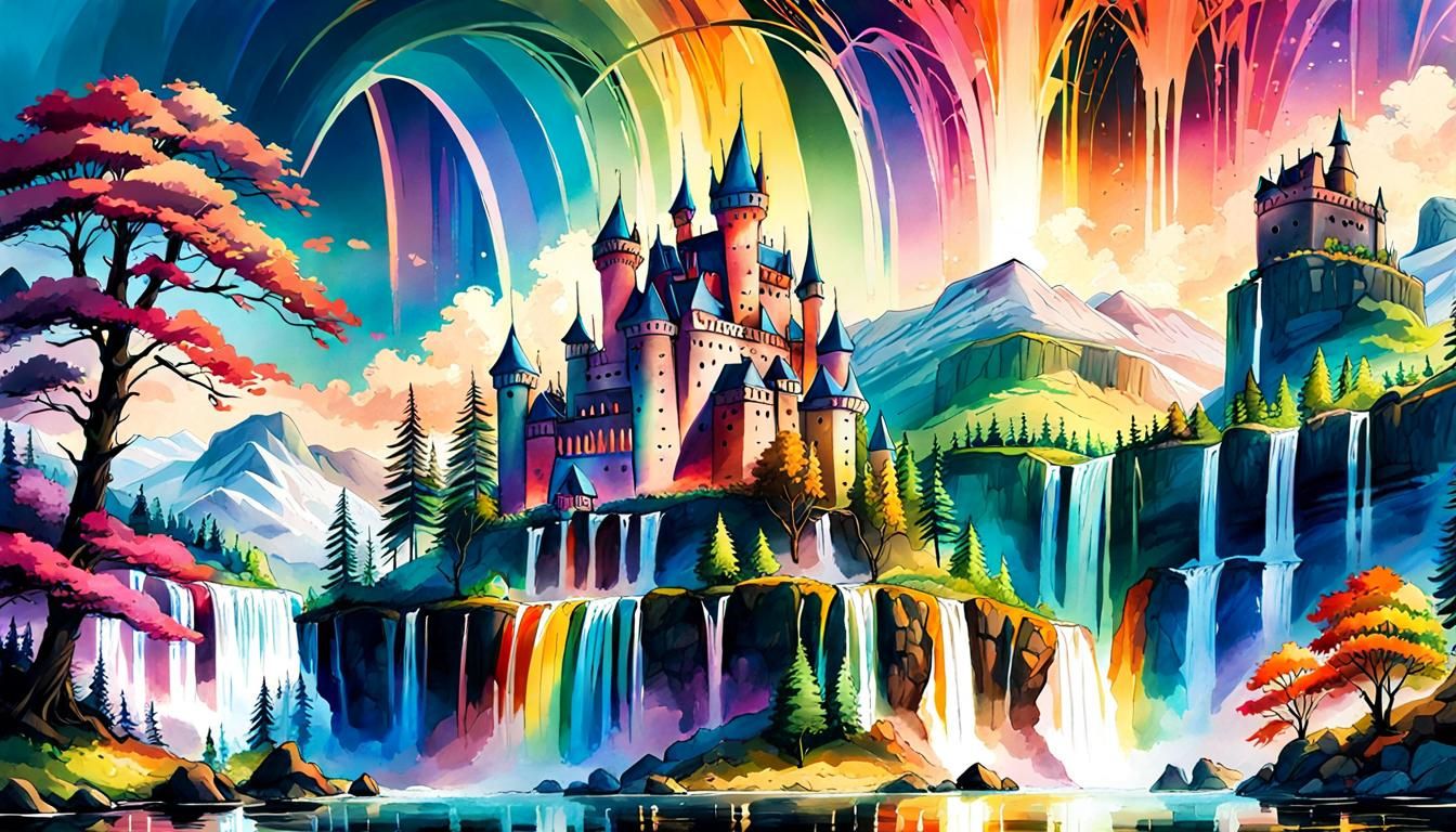 Rainbow Castle Landscape in Digital Watercolor Style