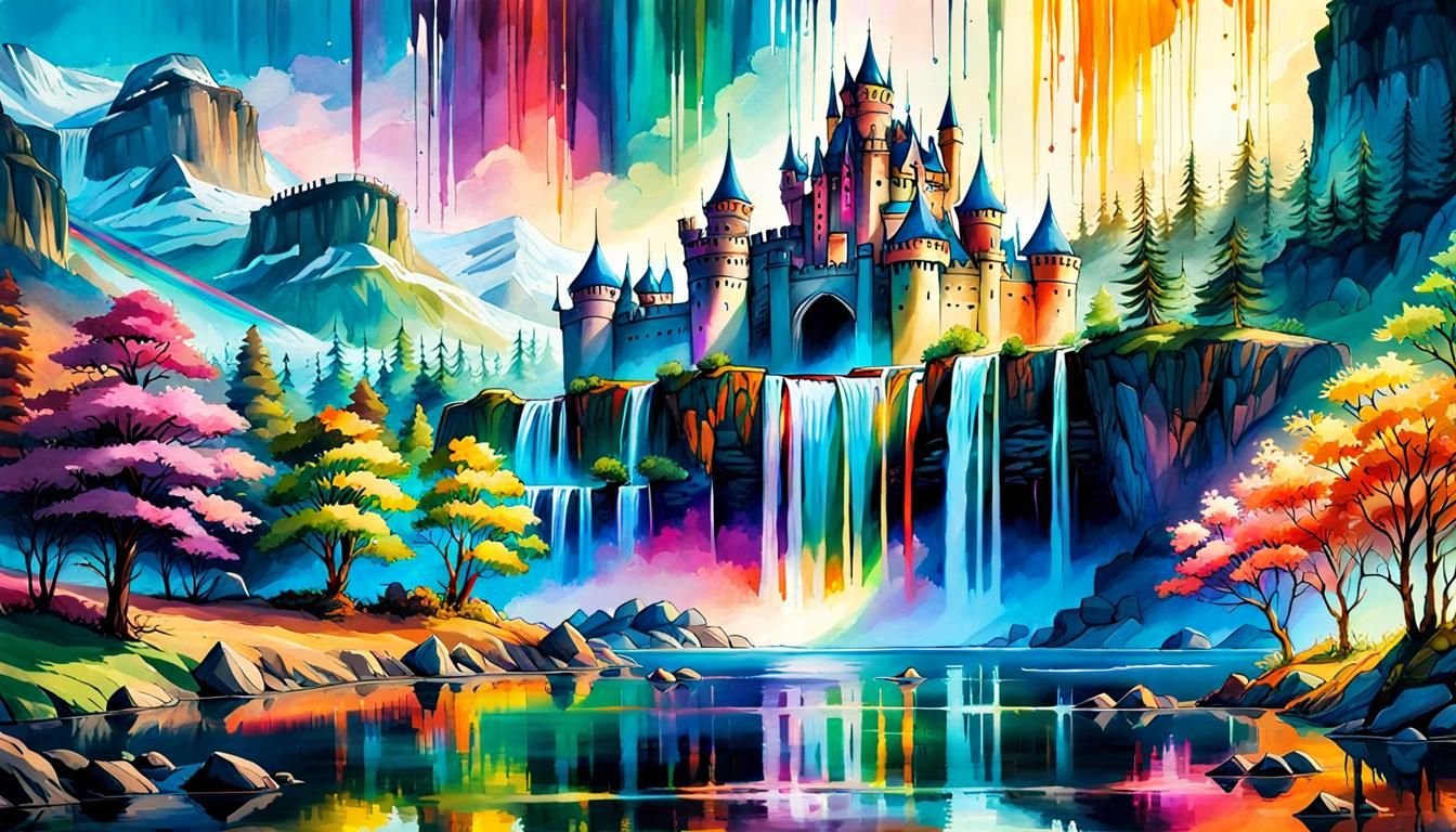 Rainbow Castle Waterfall Landscape in Watercolor Style