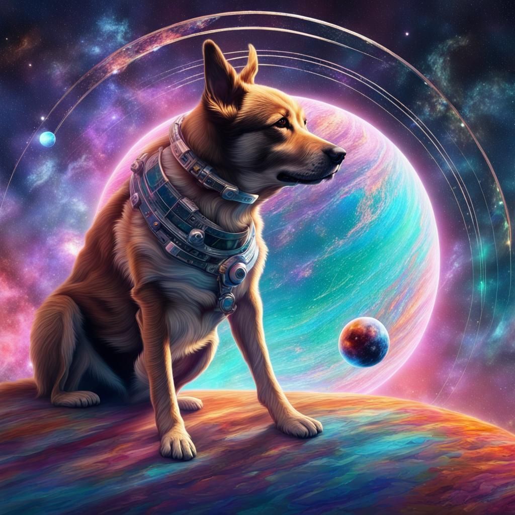 Dog in Orbit: Cosmic Holographic Illustration