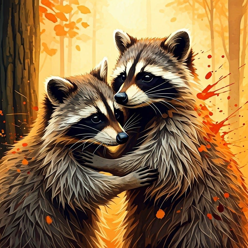 Raccoons Embrace: An Autumn Ink Abstract